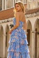 Laden Sie das Bild in den Galerie-Viewer, Trägerloses Dunkelblaues Korsett Langes Blumen Ballkleid mit Rüschen
