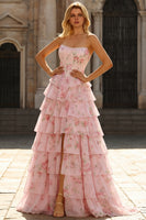 Laden Sie das Bild in den Galerie-Viewer, Dunkelblaues Trägerloses A-Linie Korsett Blumen Langes Chiffon Ballkleid mit Rüschenrock