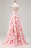 Laden Sie das Bild in den Galerie-Viewer, Rosa Trägerloses A-Linie Korsett Blumiges Chiffon Ballkleid mit Rüschenrock