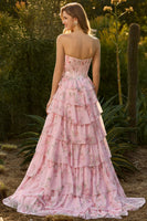 Laden Sie das Bild in den Galerie-Viewer, Trägerloses Dunkelblaues Korsett Langes Blumen Ballkleid mit Rüschen