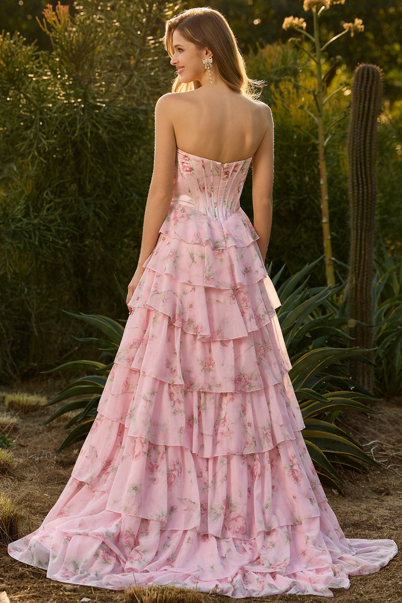 Laden Sie das Bild in den Galerie-Viewer, Trägerloses Dunkelblaues Korsett Langes Blumen Ballkleid mit Rüschen