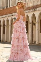 Laden Sie das Bild in den Galerie-Viewer, Dunkelblaues Trägerloses A-Linie Korsett Blumen Langes Chiffon Ballkleid mit Rüschenrock