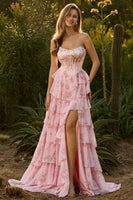 Laden Sie das Bild in den Galerie-Viewer, Trägerloses Dunkelblaues Korsett Langes Blumen Ballkleid mit Rüschen
