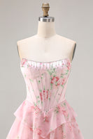 Laden Sie das Bild in den Galerie-Viewer, Trägerloses Blaues A-Linie Korsett Gestuftes Rüschen Blumen Langes Ballkleid mit Schlitz