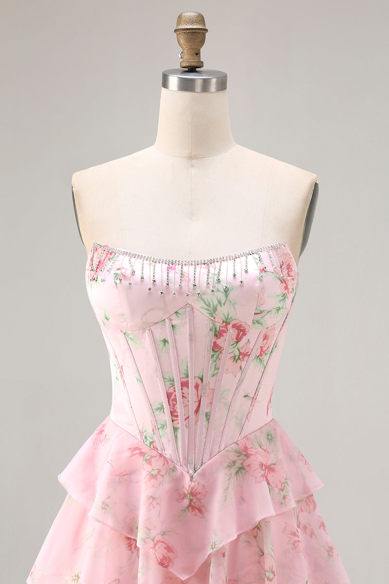 Laden Sie das Bild in den Galerie-Viewer, Trägerloses Blaues A-Linie Korsett Gestuftes Rüschen Blumen Langes Ballkleid mit Schlitz