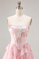 Laden Sie das Bild in den Galerie-Viewer, Dunkelblaues Trägerloses A-Linie Korsett Blumen Langes Chiffon Ballkleid mit Rüschenrock