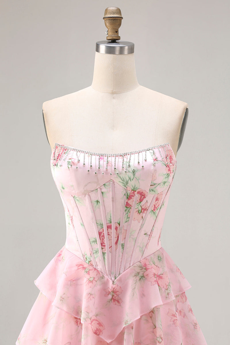 Laden Sie das Bild in den Galerie-Viewer, Rosa Trägerloses A-Linie Korsett Blumiges Chiffon Ballkleid mit Rüschenrock