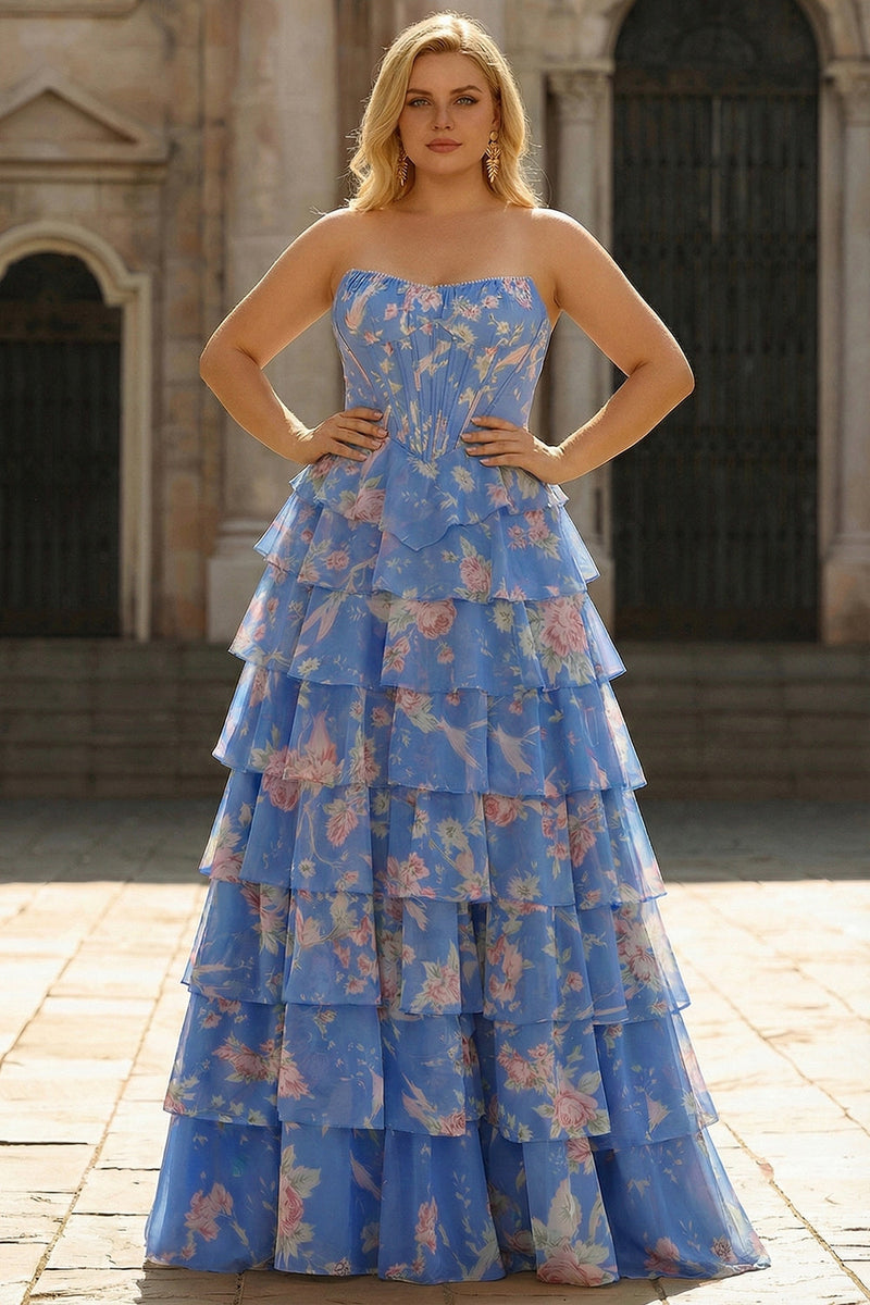 Laden Sie das Bild in den Galerie-Viewer, Dunkelblaues Trägerloses A-Linie Korsett Chiffon Blumen Langes Übergröße Ballkleid mit Rüschen