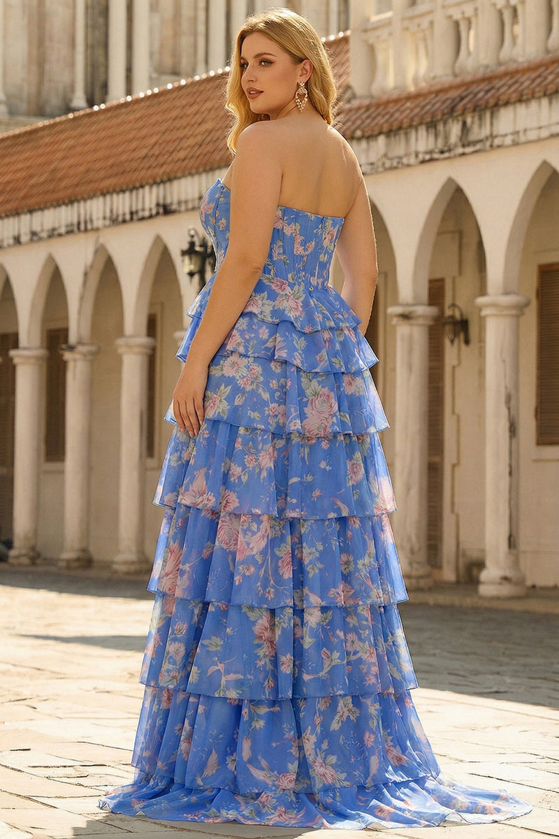 Laden Sie das Bild in den Galerie-Viewer, Dunkelblaues Trägerloses A-Linie Korsett Chiffon Blumen Langes Übergröße Ballkleid mit Rüschen