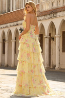 Laden Sie das Bild in den Galerie-Viewer, Dunkelblaues Trägerloses A-Linie Korsett Blumen Langes Chiffon Ballkleid mit Rüschenrock