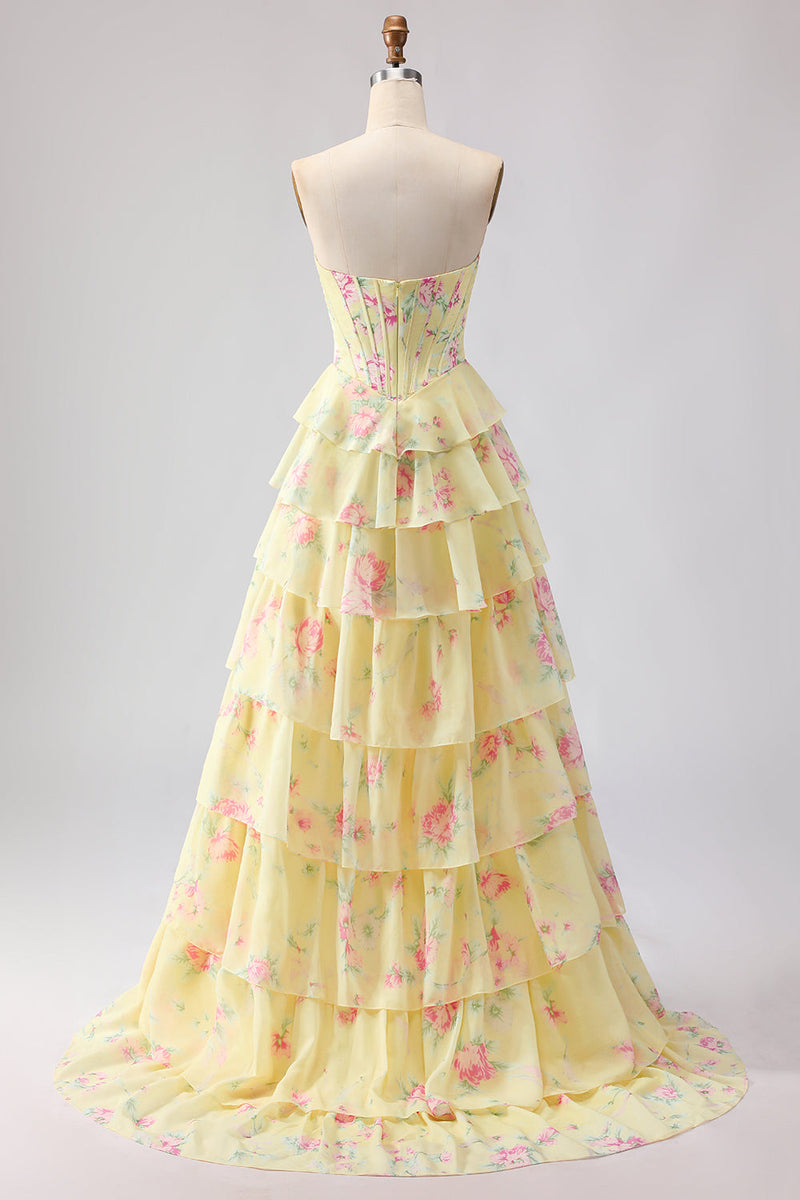 Laden Sie das Bild in den Galerie-Viewer, Rosa Trägerloses A-Linie Korsett Blumiges Chiffon Ballkleid mit Rüschenrock