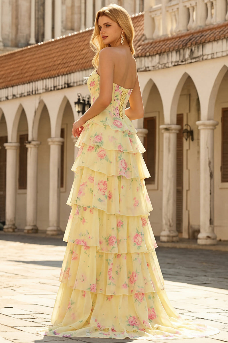 Laden Sie das Bild in den Galerie-Viewer, Blaues Trägerloses A-Linie Korsett Gestuftes Rüschen Langes Blumen Ballkleid mit Schlitz