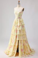 Laden Sie das Bild in den Galerie-Viewer, Rosa Trägerloses A-Linie Korsett Blumiges Chiffon Ballkleid mit Rüschenrock