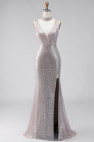 Laden Sie das Bild in den Galerie-Viewer, Silberne Pailletten Meerjungfrauen-Schlitz langes Festkleid mit V-Ausschnitt