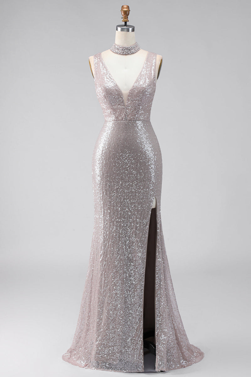 Laden Sie das Bild in den Galerie-Viewer, Silberne Pailletten Meerjungfrauen-Schlitz langes Festkleid mit V-Ausschnitt
