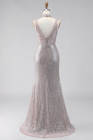 Laden Sie das Bild in den Galerie-Viewer, Silberne Pailletten Meerjungfrauen-Schlitz langes Festkleid mit V-Ausschnitt