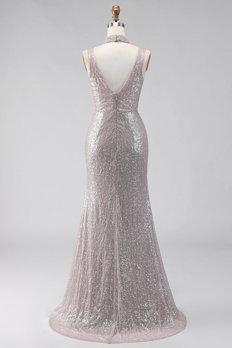 Laden Sie das Bild in den Galerie-Viewer, Silberne Pailletten Meerjungfrauen-Schlitz langes Festkleid mit V-Ausschnitt