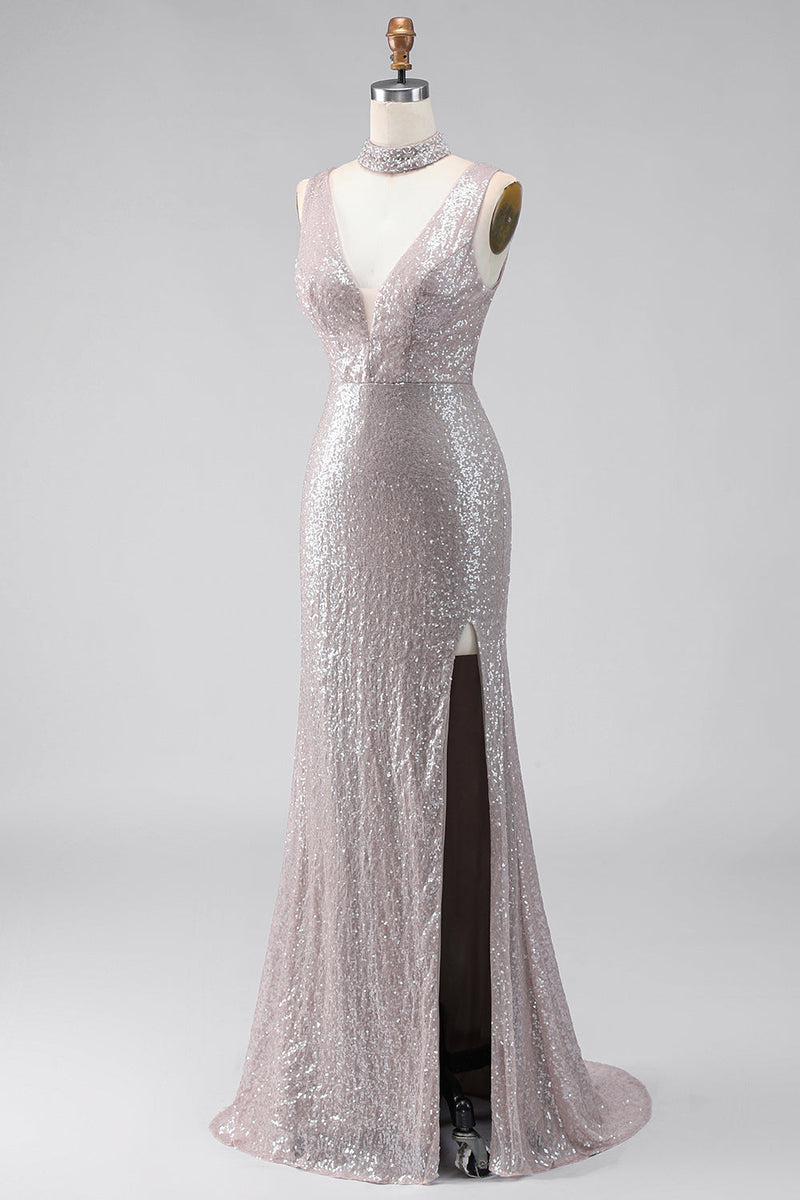 Laden Sie das Bild in den Galerie-Viewer, Silberne Pailletten Meerjungfrauen-Schlitz langes Festkleid mit V-Ausschnitt
