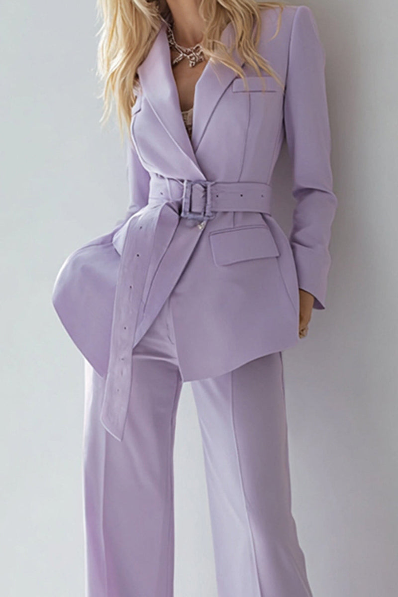 Laden Sie das Bild in den Galerie-Viewer, Flieder 2-teilige Business-Anzüge mit langen Ärmeln und Gürtel
