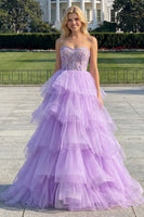 Laden Sie das Bild in den Galerie-Viewer, Prinzessin Trägerloses Lila Korsett Perlen Langes Ballkleid mit Rüschen