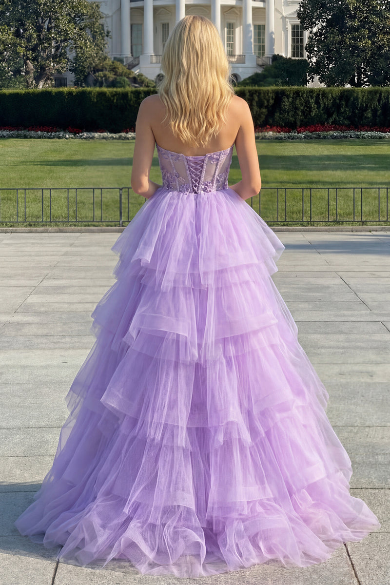 Laden Sie das Bild in den Galerie-Viewer, Prinzessin Trägerloses Lila Korsett Perlen Langes Ballkleid mit Rüschen