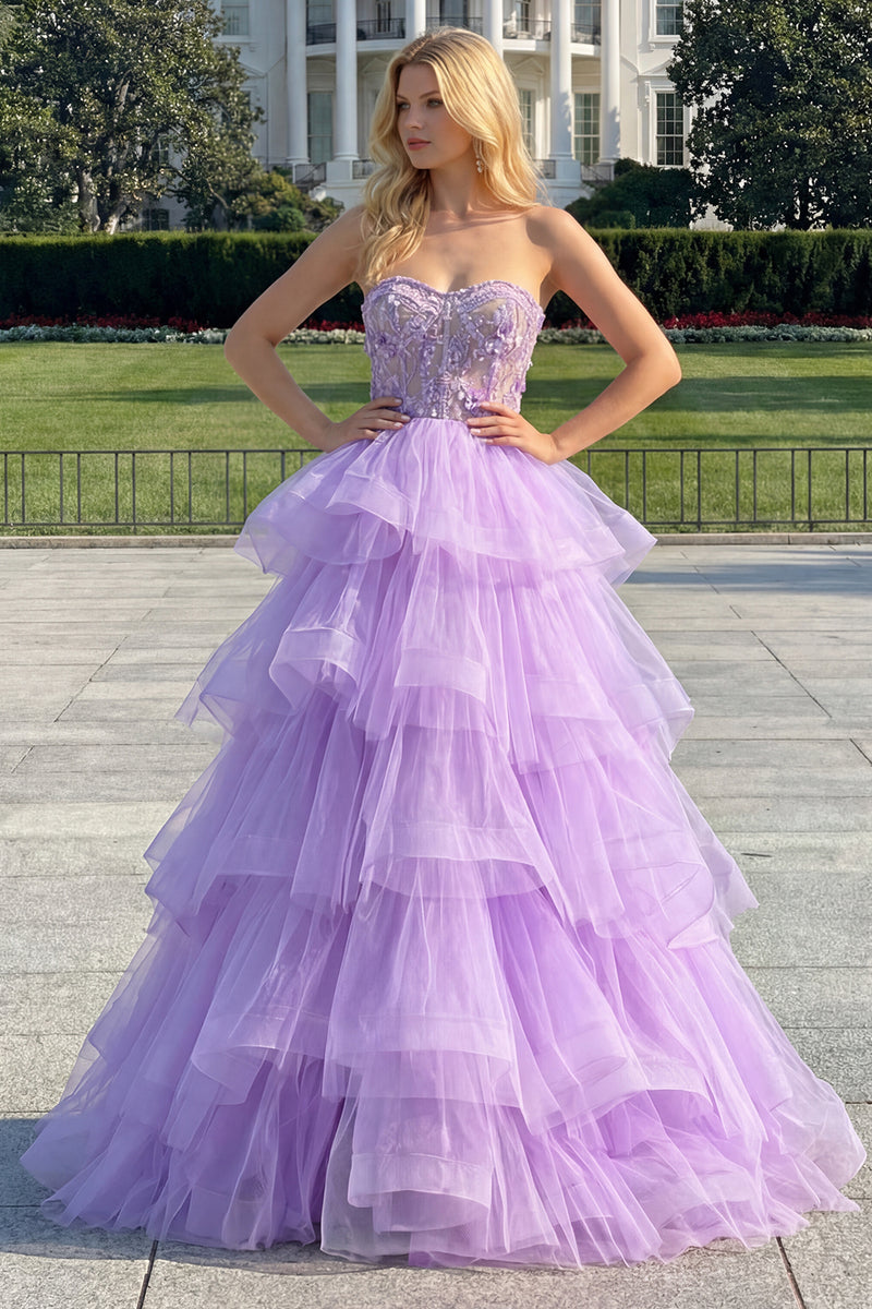 Laden Sie das Bild in den Galerie-Viewer, Prinzessin Trägerloses Lila Korsett Perlen Langes Ballkleid mit Rüschen