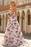 Laden Sie das Bild in den Galerie-Viewer, Weißes Rotes Blumiges Trägerloses Langes A-Linie Ballkleid mit Schlitz