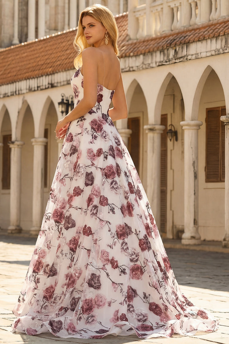 Laden Sie das Bild in den Galerie-Viewer, Weißes Rotes Blumiges Trägerloses Langes A-Linie Ballkleid mit Schlitz