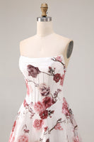 Laden Sie das Bild in den Galerie-Viewer, Weißes Rotes Blumiges Trägerloses Langes A-Linie Ballkleid mit Schlitz