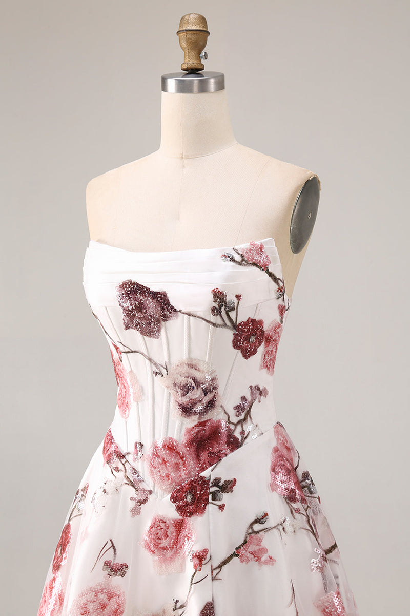 Laden Sie das Bild in den Galerie-Viewer, Weißes Rotes Blumiges Trägerloses Langes A-Linie Ballkleid mit Schlitz