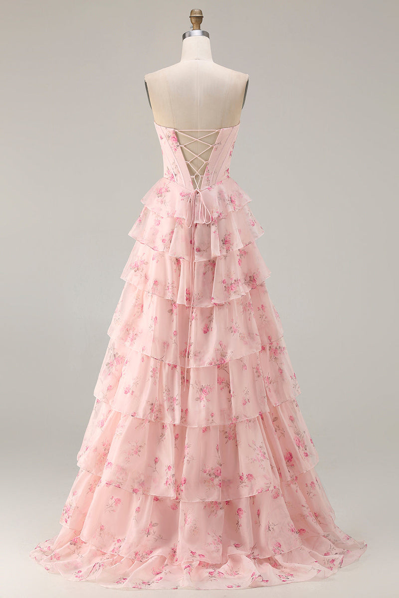 Laden Sie das Bild in den Galerie-Viewer, Trägerloses Rosa A-Linie Gestuftes Rüschen Korsett Blumenmuster Langes Ballkleid mit Schlitz