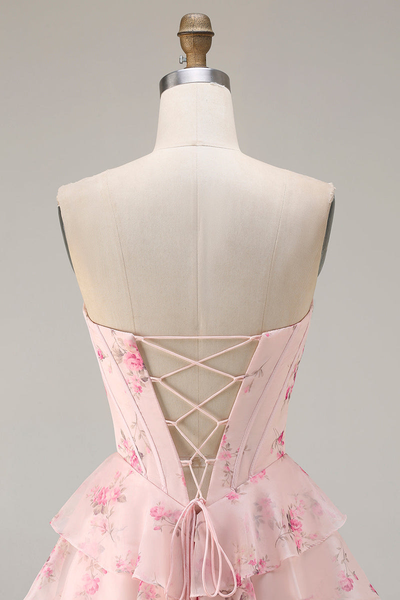 Laden Sie das Bild in den Galerie-Viewer, Trägerloses Rosa A-Linie Gestuftes Rüschen Korsett Blumenmuster Langes Ballkleid mit Schlitz