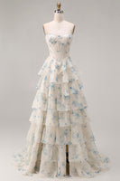 Laden Sie das Bild in den Galerie-Viewer, Trägerloses Rosa A-Linie Gestuftes Rüschen Korsett Blumenmuster Langes Ballkleid mit Schlitz