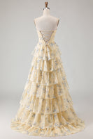 Laden Sie das Bild in den Galerie-Viewer, Trägerloses Rosa A-Linie Gestuftes Rüschen Korsett Blumenmuster Langes Ballkleid mit Schlitz