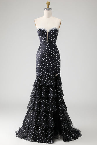 Schwarzes Weiß Gepunktetes Trägerloses Meerjungfrauen Korsett Gestuftes Rüschen Langes Ballkleid mit Pailletten