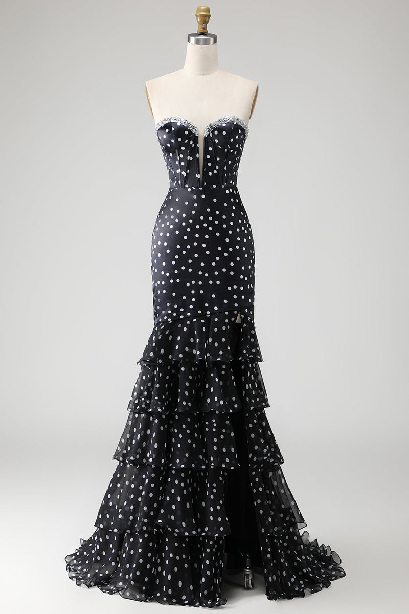 Laden Sie das Bild in den Galerie-Viewer, Schwarzes Weiß Gepunktetes Trägerloses Meerjungfrauen Korsett Gestuftes Rüschen Langes Ballkleid mit Pailletten