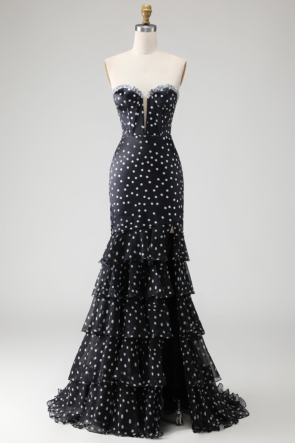 Schwarzes Weiß Gepunktetes Trägerloses Meerjungfrauen Korsett Gestuftes Rüschen Langes Ballkleid mit Pailletten
