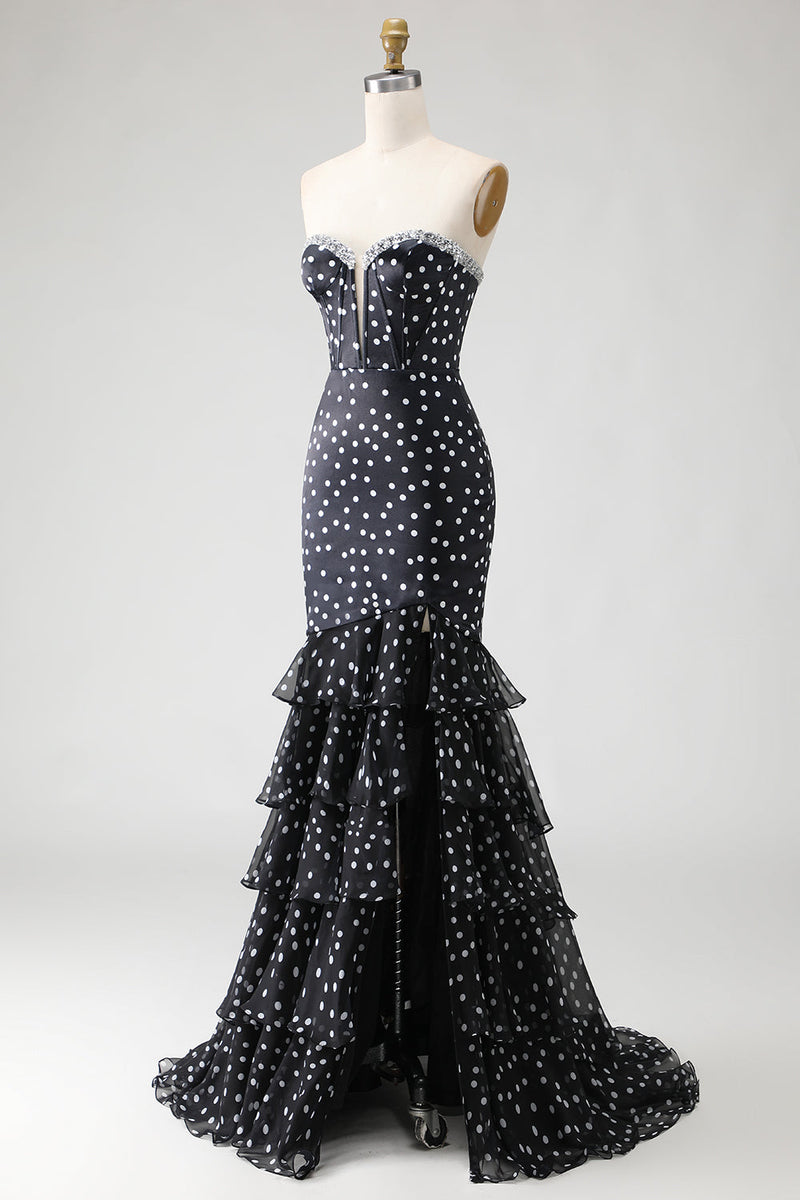 Laden Sie das Bild in den Galerie-Viewer, Schwarzes Weiß Gepunktetes Trägerloses Meerjungfrauen Korsett Gestuftes Rüschen Langes Ballkleid mit Pailletten