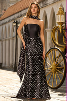 Laden Sie das Bild in den Galerie-Viewer, Zweiteiliges Schwarzes Weiß Gepunktetes Meerjungfrauen Satin Langes Ballkleid mit Halsschal