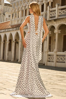 Laden Sie das Bild in den Galerie-Viewer, Weißer schwarzer Punkt Zweiteiliges Meerjungfrauen Satin Abendkleid mit Halsschal