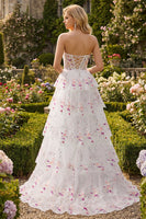 Laden Sie das Bild in den Galerie-Viewer, Schwarzes Rosa Blumiges Trägerloses A-Linie Pailletten Langes Ballkleid mit Schnürung hinten
