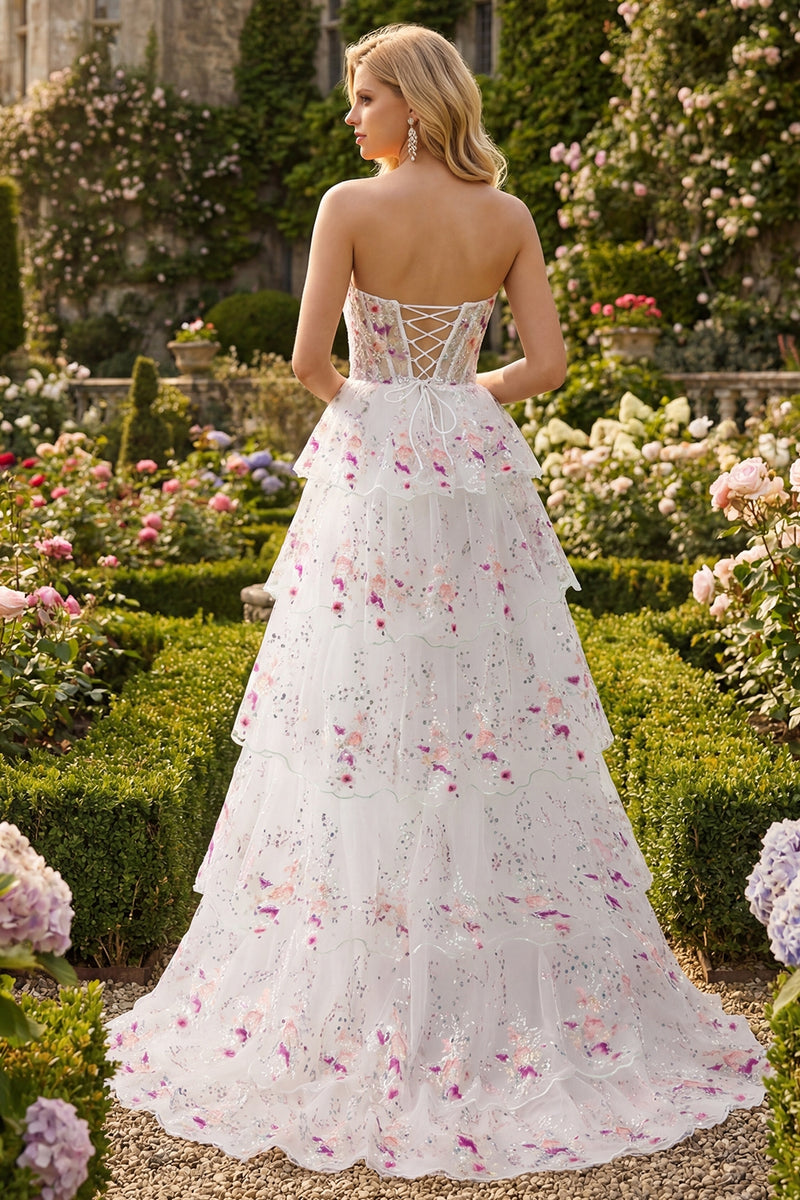 Laden Sie das Bild in den Galerie-Viewer, Schwarzes Rosa Blumiges Trägerloses A-Linie Pailletten Langes Ballkleid mit Schnürung hinten