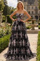 Laden Sie das Bild in den Galerie-Viewer, Schwarzes Rosa Blumiges Trägerloses A-Linie Pailletten Langes Ballkleid mit Schnürung hinten