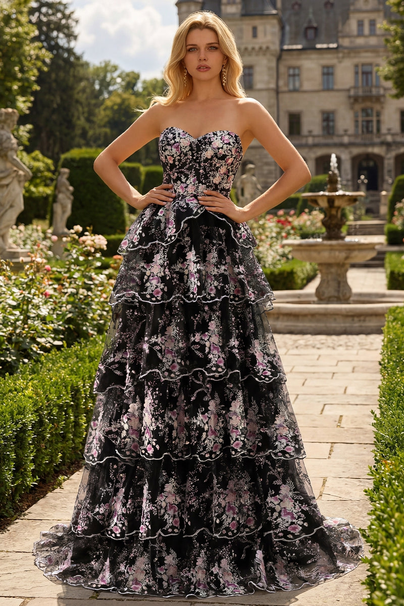 Laden Sie das Bild in den Galerie-Viewer, Schwarzes Rosa Blumiges Trägerloses A-Linie Pailletten Langes Ballkleid mit Schnürung hinten
