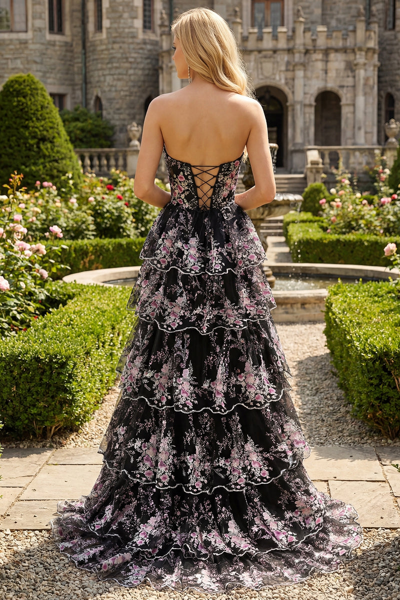 Laden Sie das Bild in den Galerie-Viewer, Schwarzes Rosa Blumiges Trägerloses A-Linie Pailletten Langes Ballkleid mit Schnürung hinten