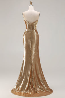 Glitzerndes Goldenes Trägerloses Meerjungfrauen Pailletten Langes Ballkleid mit Schlitz