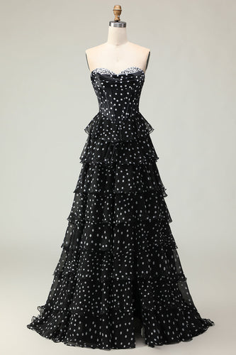 Schwarz-weißes Langes Trägerloses Gestuftes A-Linie Korsett Polka Dots Ballkleid mit Rüschen