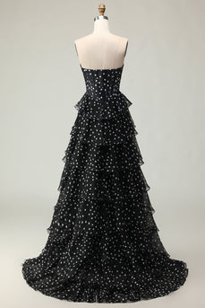 Schwarz-weißes Langes Trägerloses Gestuftes A-Linie Korsett Polka Dots Ballkleid mit Rüschen