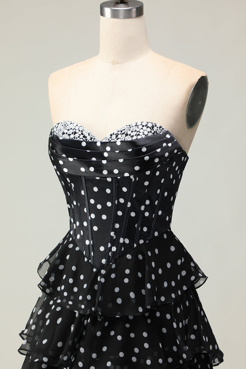 Laden Sie das Bild in den Galerie-Viewer, Schwarz-weißes Langes Trägerloses Gestuftes A-Linie Korsett Polka Dots Ballkleid mit Rüschen