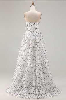 Weißes A-Linie Trägerloses Polka-Dots Rüschen Korsett Langes Ballkleid mit Schlitz